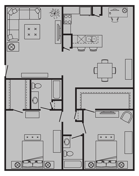 Floor plan for 2 beds, 2 baths, 1386 sqft